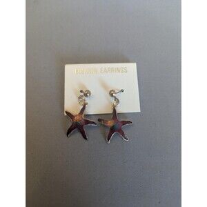 Vintage Taiwan Cloisonné Red Starfish Dangle Post Earrings Beach Ocean NOS